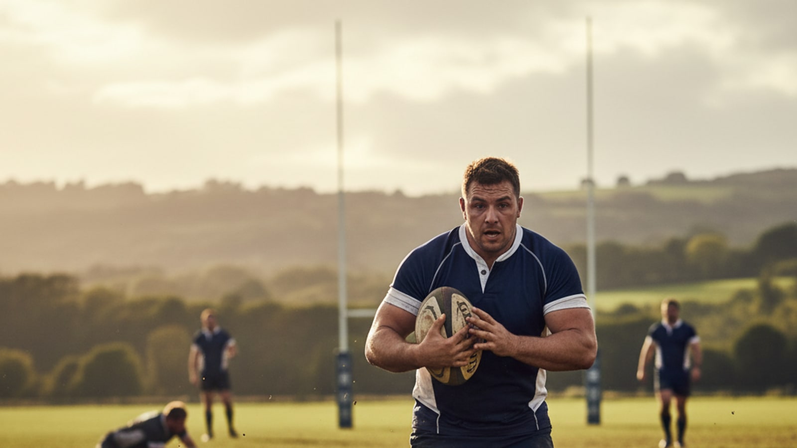 Can a rugby player carry the ball in both hands?