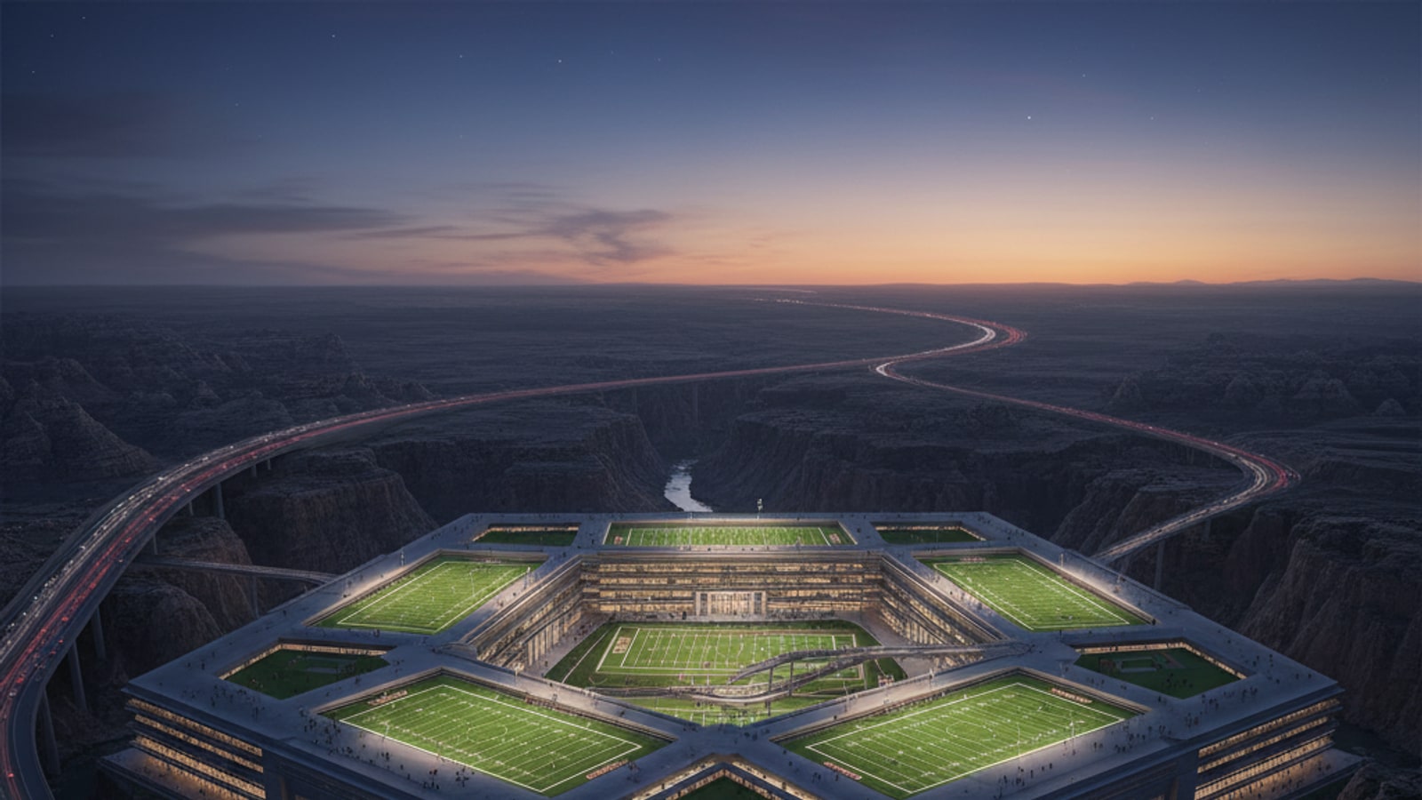 How many football fields can fit in the Pentagon?
