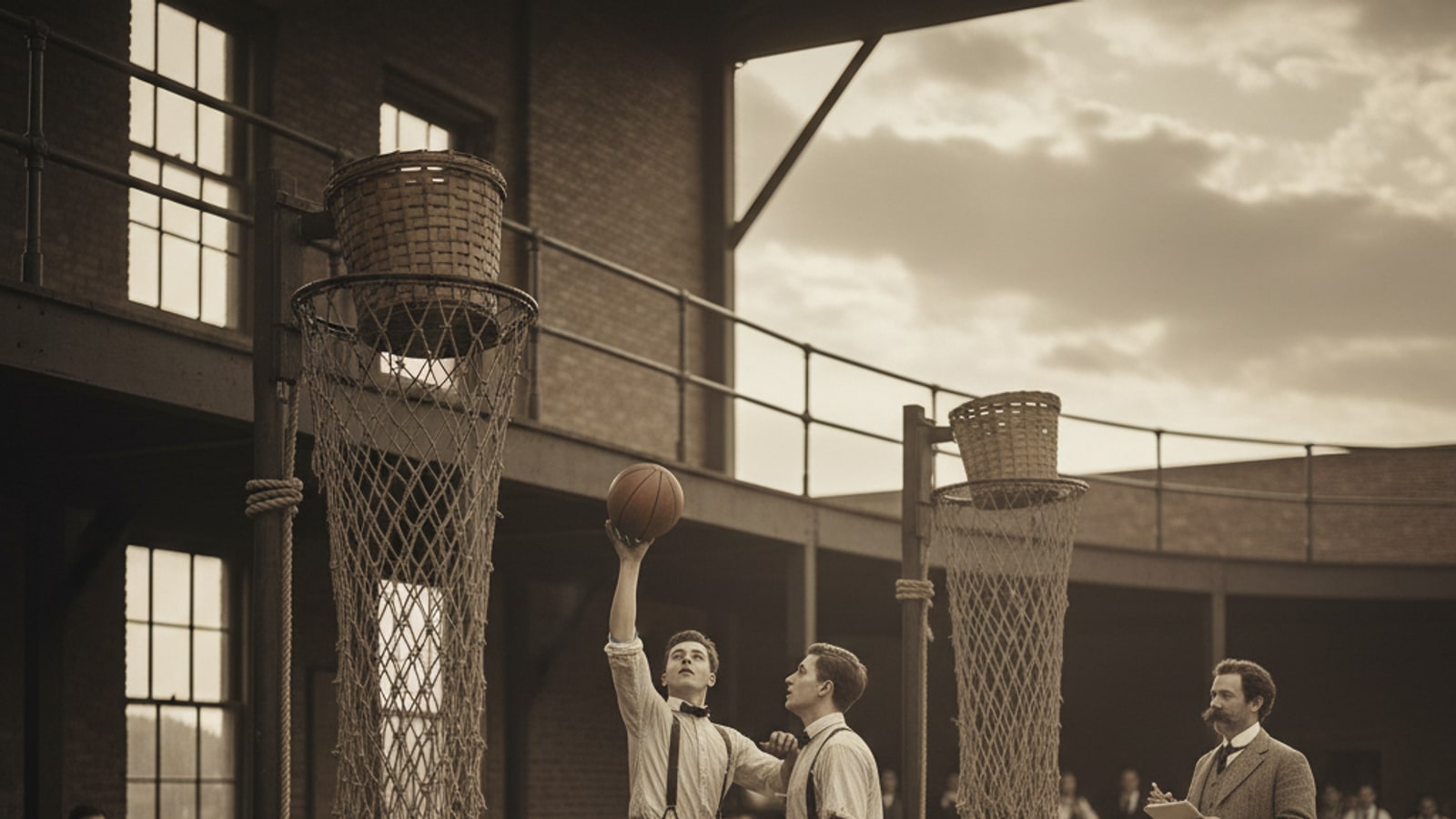 What was the first equipment used as a ring and net in the sport of basketball?